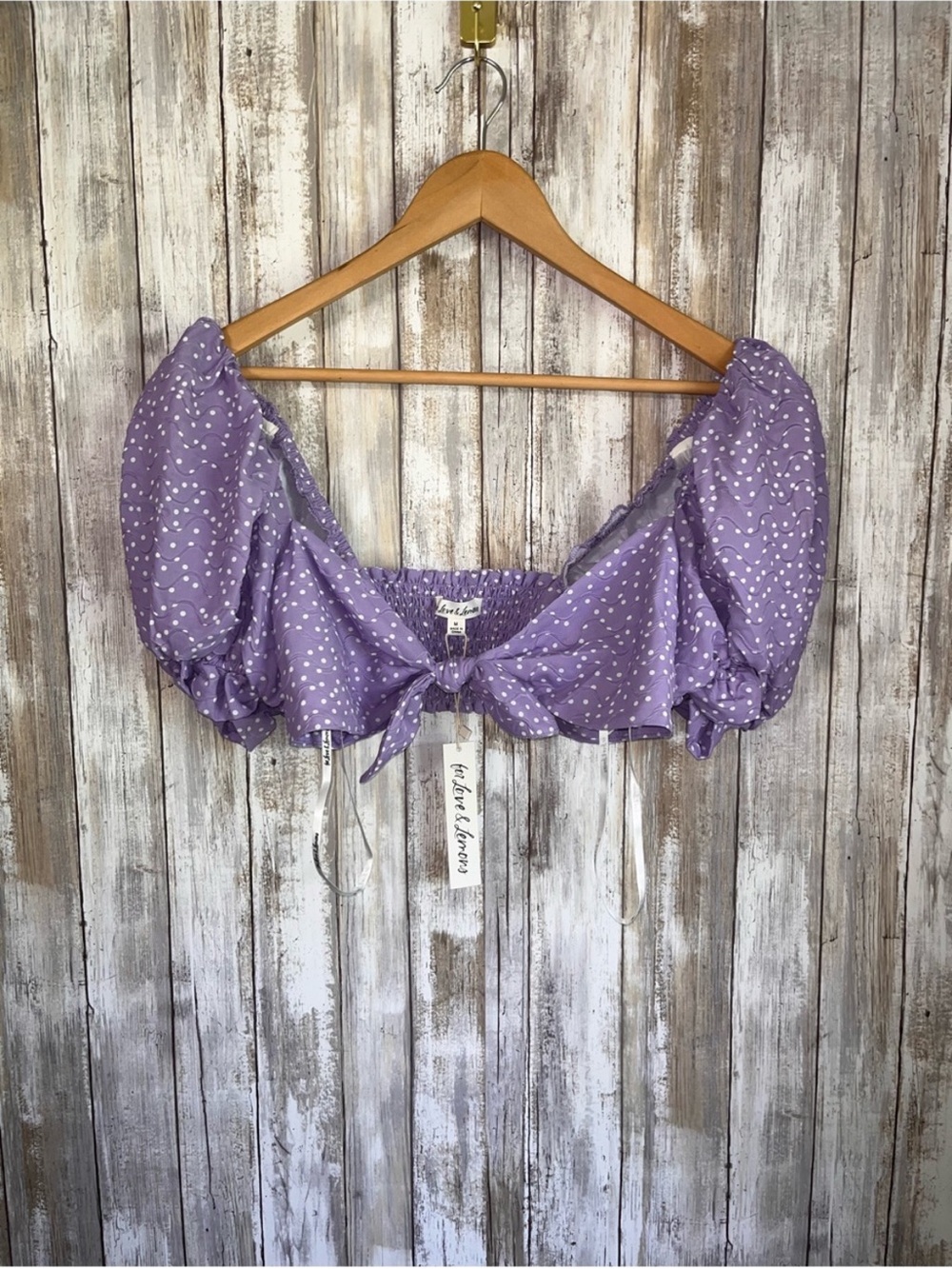For Love & Lemons Chelsea Crop Top Purple Polka Dot Puff Sleeve NWT M - Picture 2 of 7